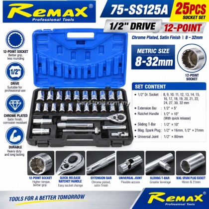 Remax 75-SS125A 12-point 25PCS BOX SOCKET SET 1/2″ DRIVE Chrome plated, satin 8-32mm Remax 75-SS125A 12-point 25PCS BOX SOCKET SET 1/2″ DRIVE Chrome plated, satin 8-32mm